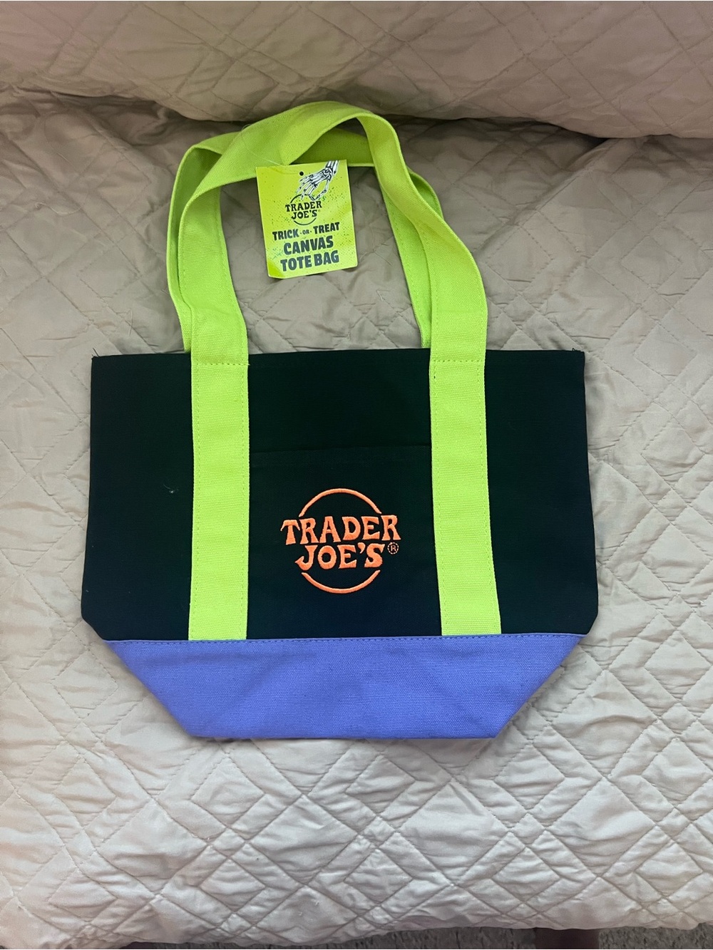 Trader Joe's Black Tote Bag with Lime Green Handles and Purple Base